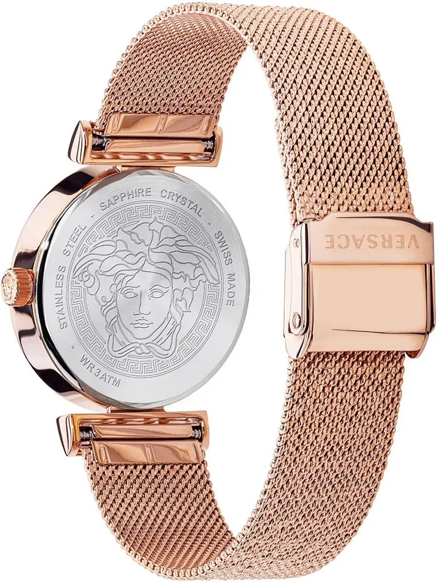 Versace Meander watch side view showing case back with Medusa head and mesh strap
