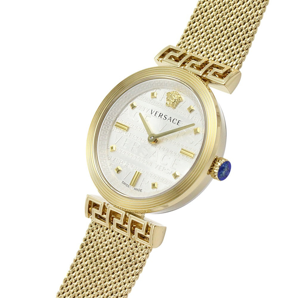 Versace Meander women's watch side view showing gold mesh bracelet and blue crown