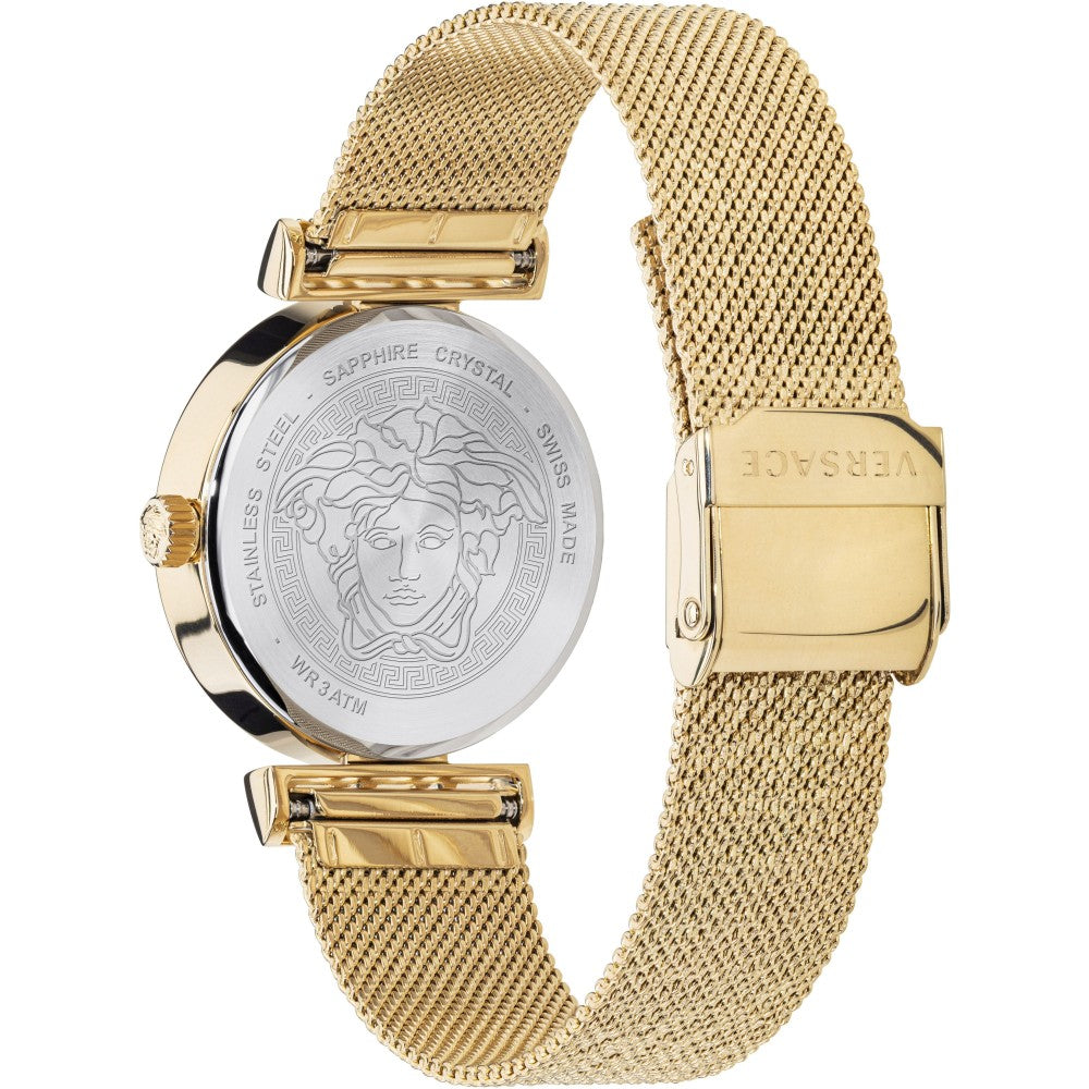 Versace Meander watch caseback displaying Medusa medallion and sapphire crystal