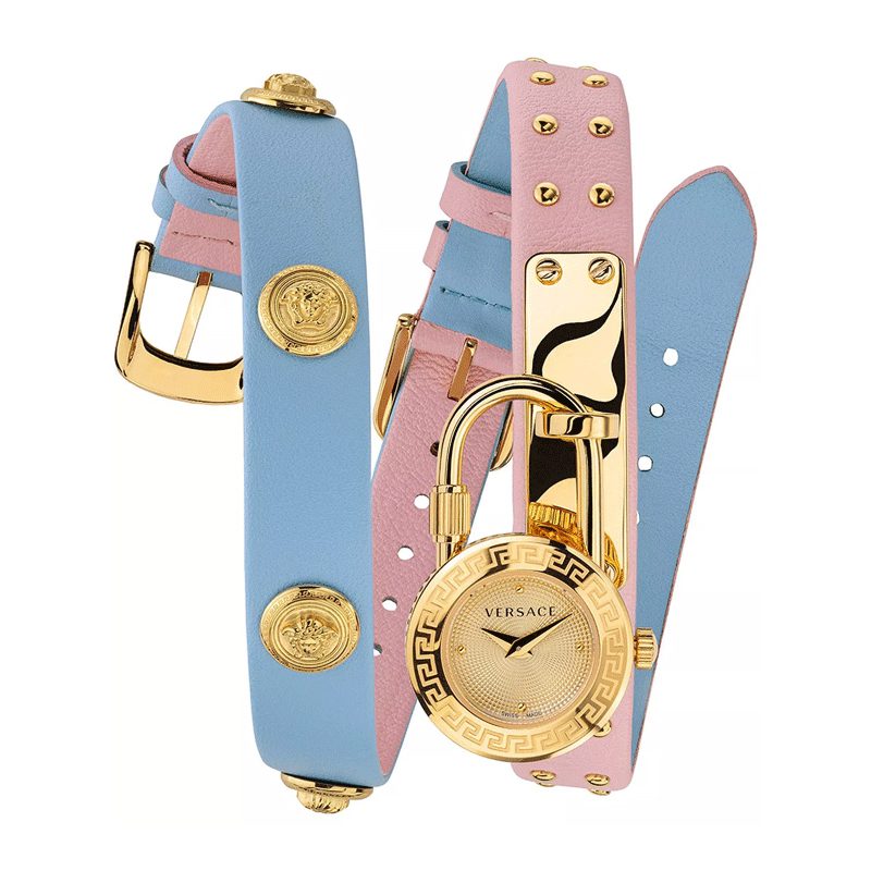 Versace Versace Medusa Lock Icon Gold Dial Blue& Pink Lather Strap Watch VEDW00219