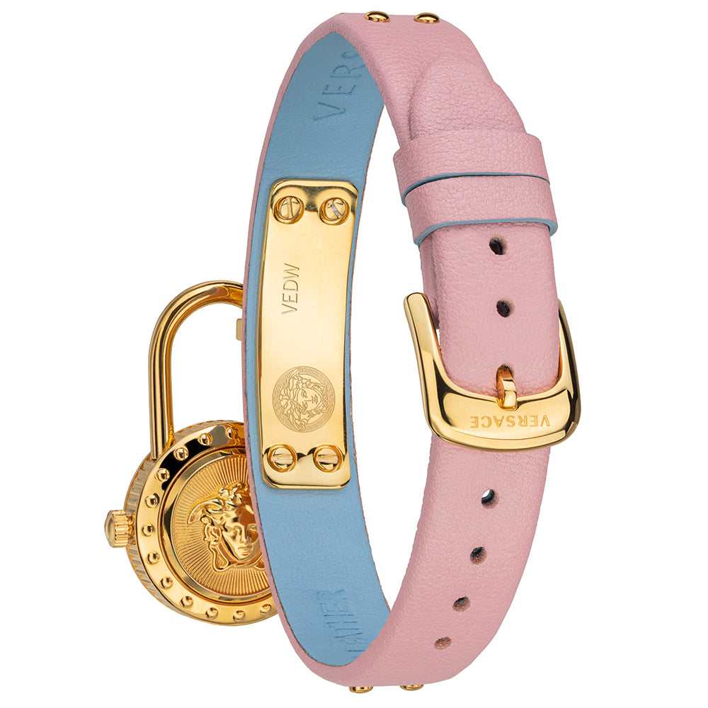 Versace Medusa Lock Icon watch with blue and pink interchangeable leather straps