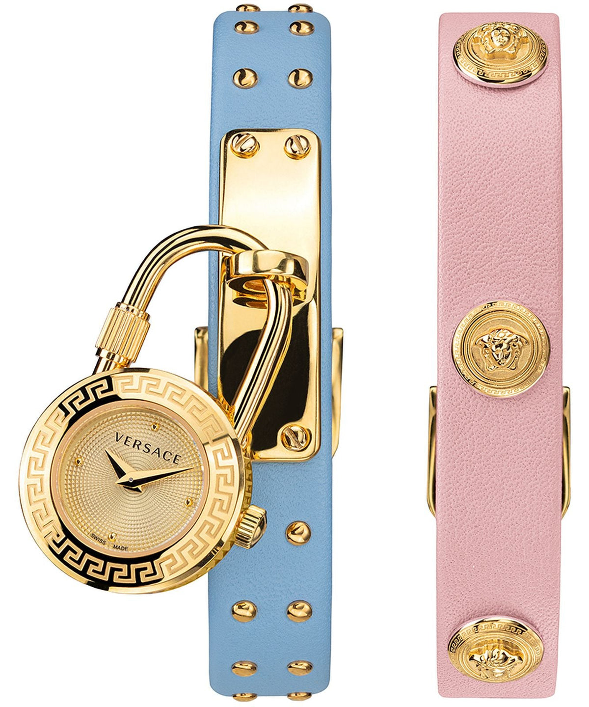 Versace Medusa Lock Icon watch with blue and pink leather straps displayed flat