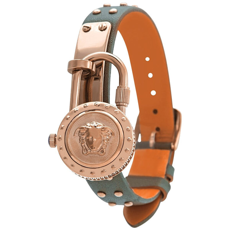 Angled view of Versace Medusa Lock Icon watch showing Medusa head dial and adjustable green-orange leather strap