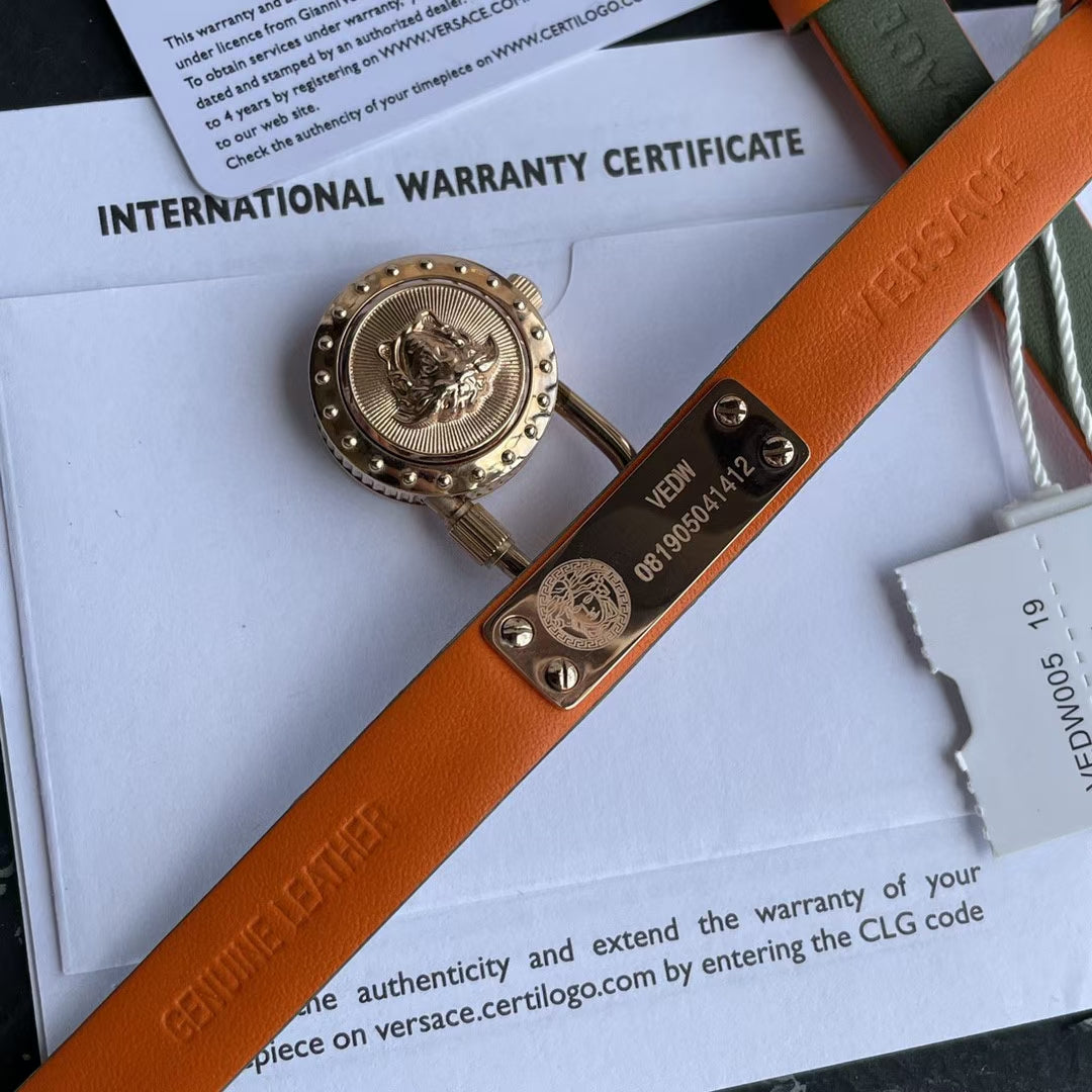 Versace Medusa Lock Icon watch with International Warranty Certificate and orange leather strap band