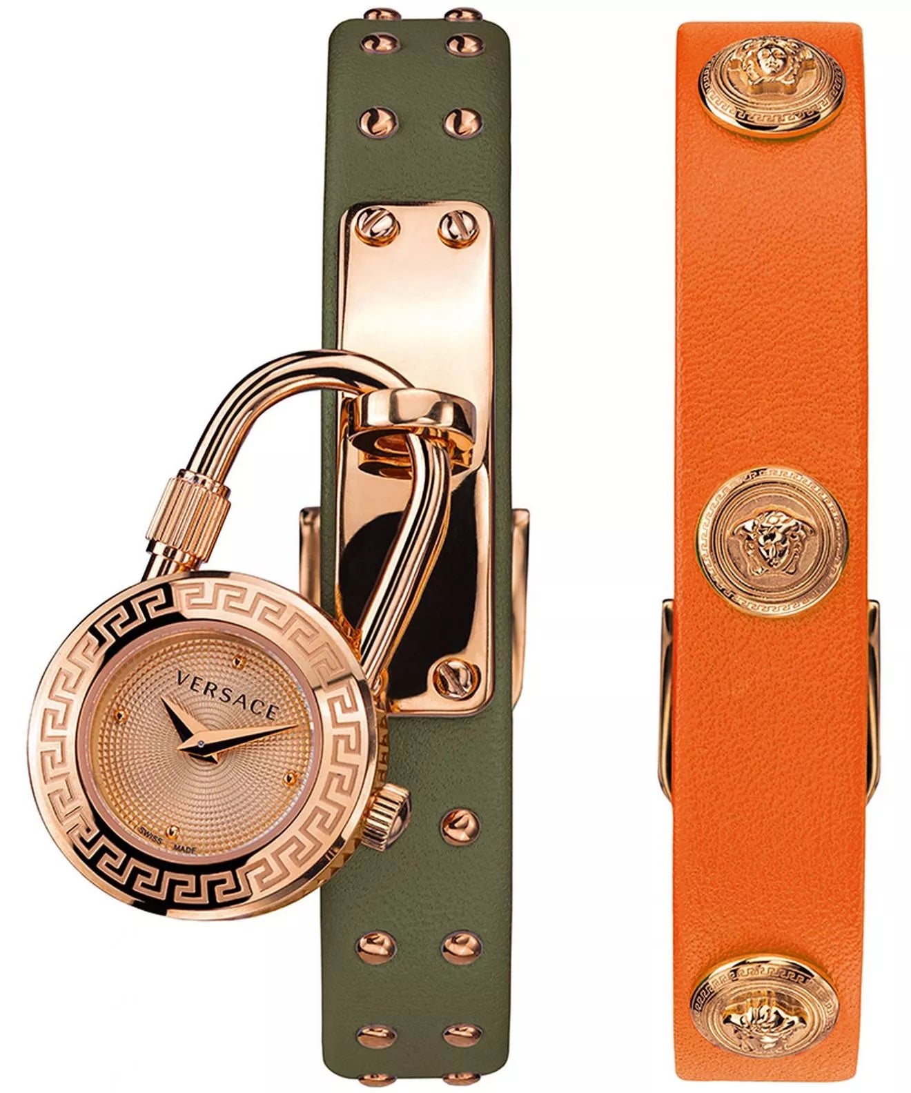 Versace Medusa Lock Icon watch with extended leather strap sections showing front and back details