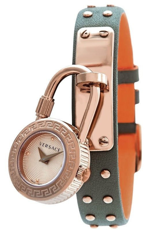 Versace Medusa Lock Icon women's quartz watch with rose gold case, beige dial, and green-orange leather strap