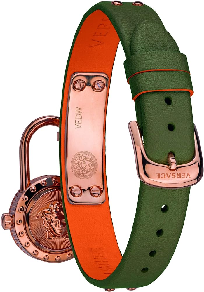 Versace Medusa Lock Icon strap detail showing engraved leather bands in green and orange with rose gold hardware