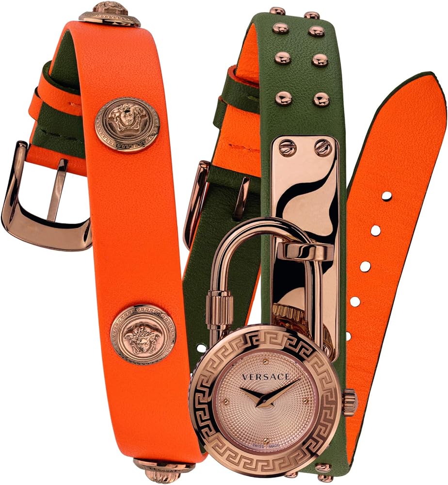 Flat lay view of Versace watch with green and orange leather strap bands and rose gold Medusa charms