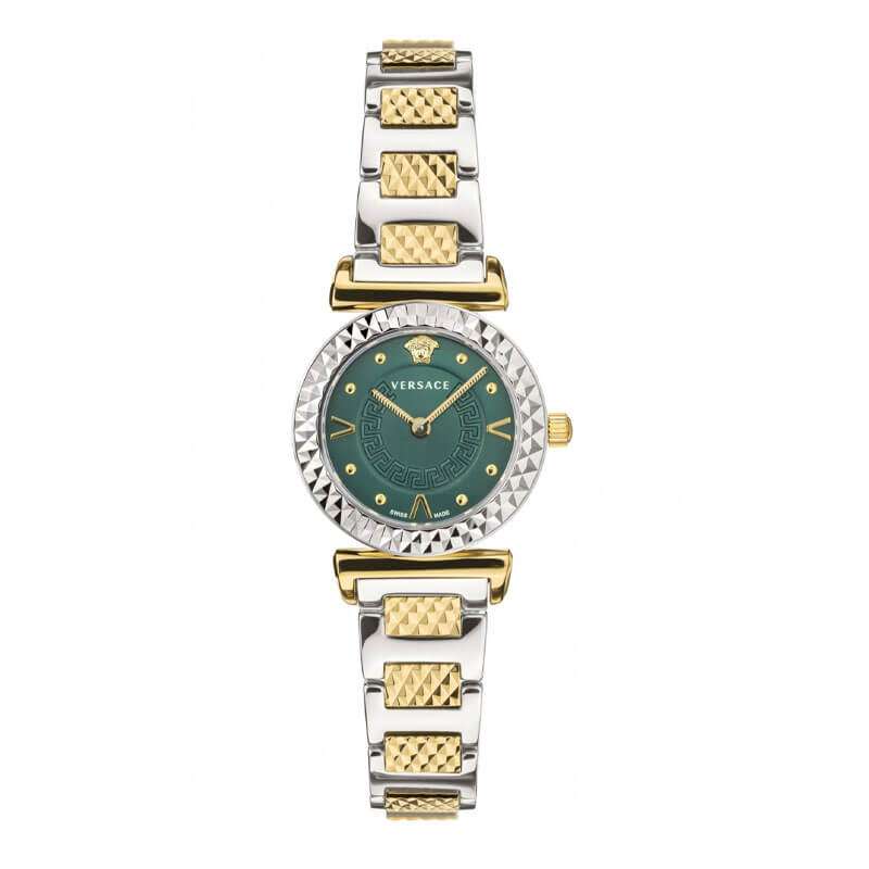 Versace Mini Vanity two-tone stainless steel women's watch with white dial and crystal-set bezel