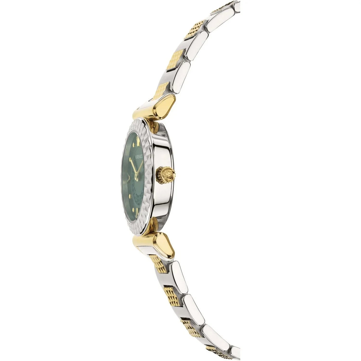 Side profile of Versace Mini Vanity two-tone watch with green dial and crystal bezel