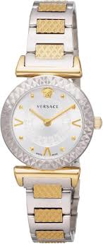 Versace Mini Vanity women's watch worn on wrist, two-tone gold and silver design