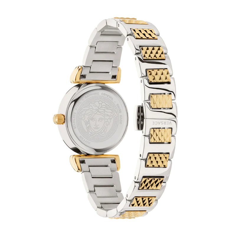 Side view of Versace Mini Vanity watch showing two-tone bracelet and case profile