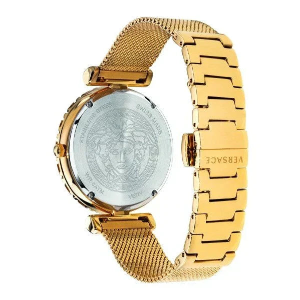 Side view showing gold-tone mesh strap and caseback with Versace branding