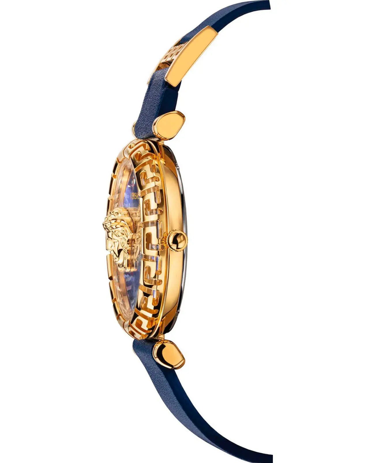 Side profile of Versace Palazzo Empire Greca watch showing slim gold-tone case, blue strap, and Medusa Greca bezel detail