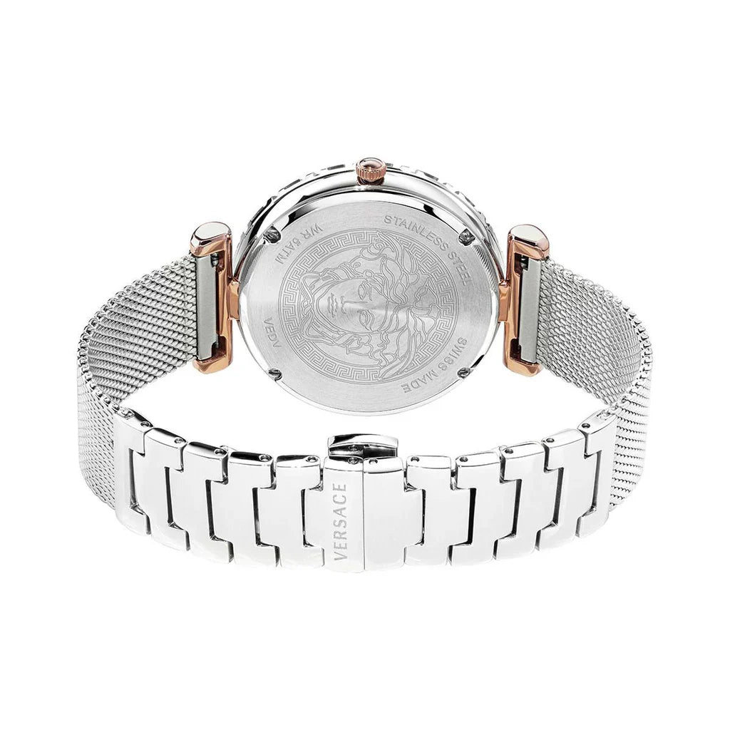 Caseback of Versace Palazzo Empire Greca showing engraved Medusa medallion and warranty details