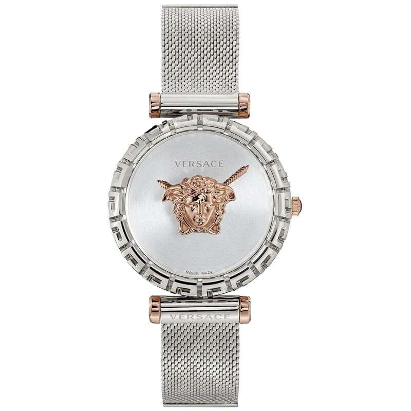 Versace Palazzo Empire Greca quartz watch with silver dial and rose gold Medusa logo, mesh strap