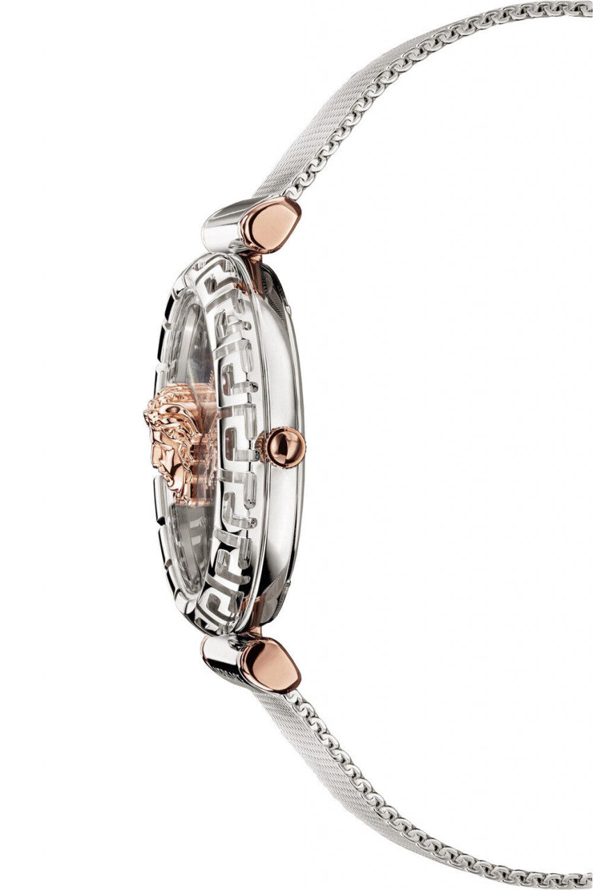 Side profile of Versace Palazzo Empire Greca watch showing case thickness and strap detail