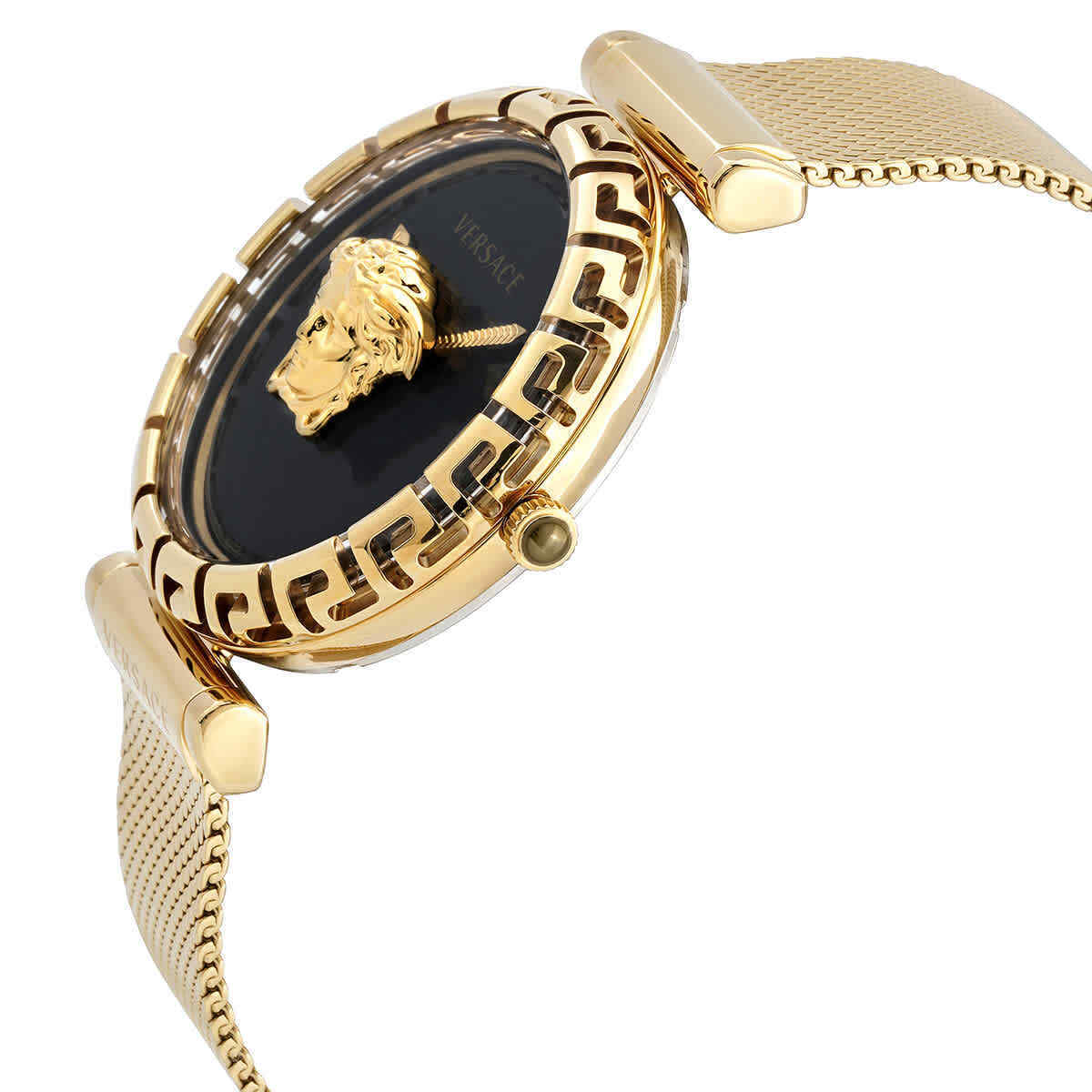 Side angle view of Versace Palazzo Empire Greca watch showing bezel detail and mesh band