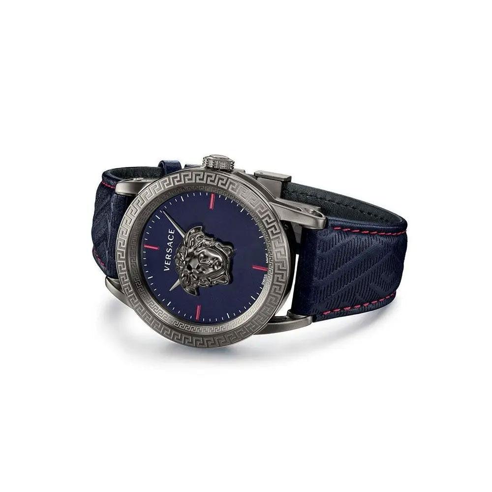 Versace Palazzo Empire men's watch at angle showing case profile and leather strap