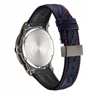 Caseback of Versace Palazzo Empire watch with engraved Versace branding and logo