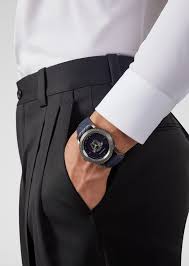 Versace Palazzo Empire watch worn on wrist with navy dial and leather strap