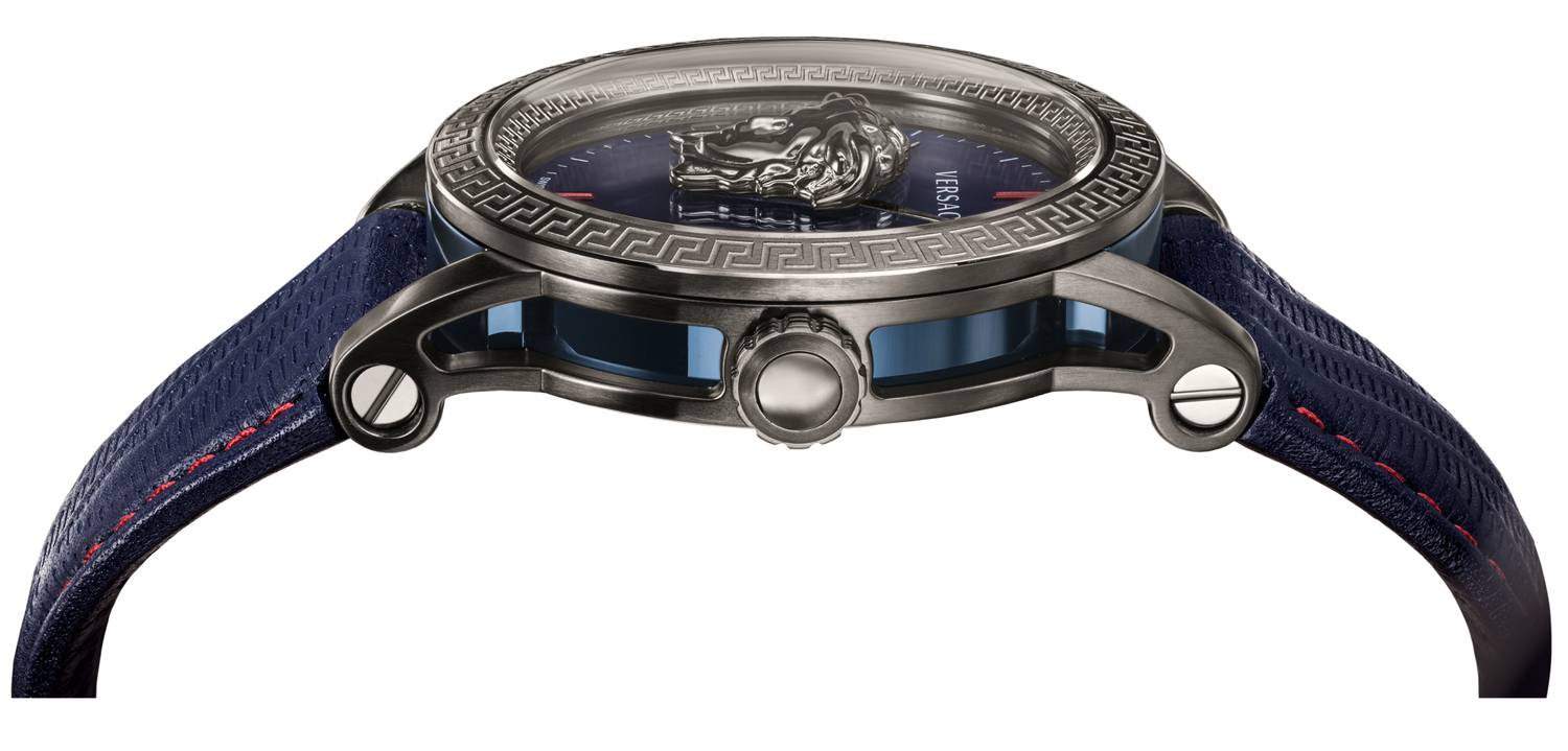 Side view of Versace Palazzo Empire watch showing case thickness and strap attachment