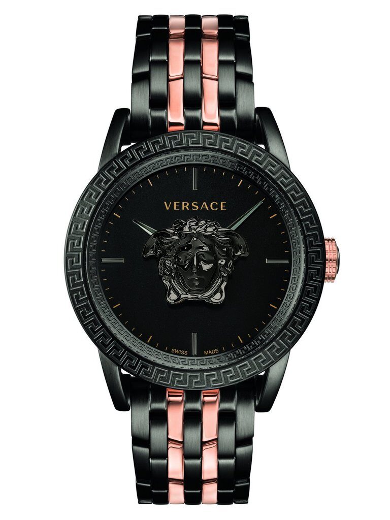 Versace Palazzo Empire quartz watch with black dial, Medusa logo, and two-tone black and rose gold bracelet