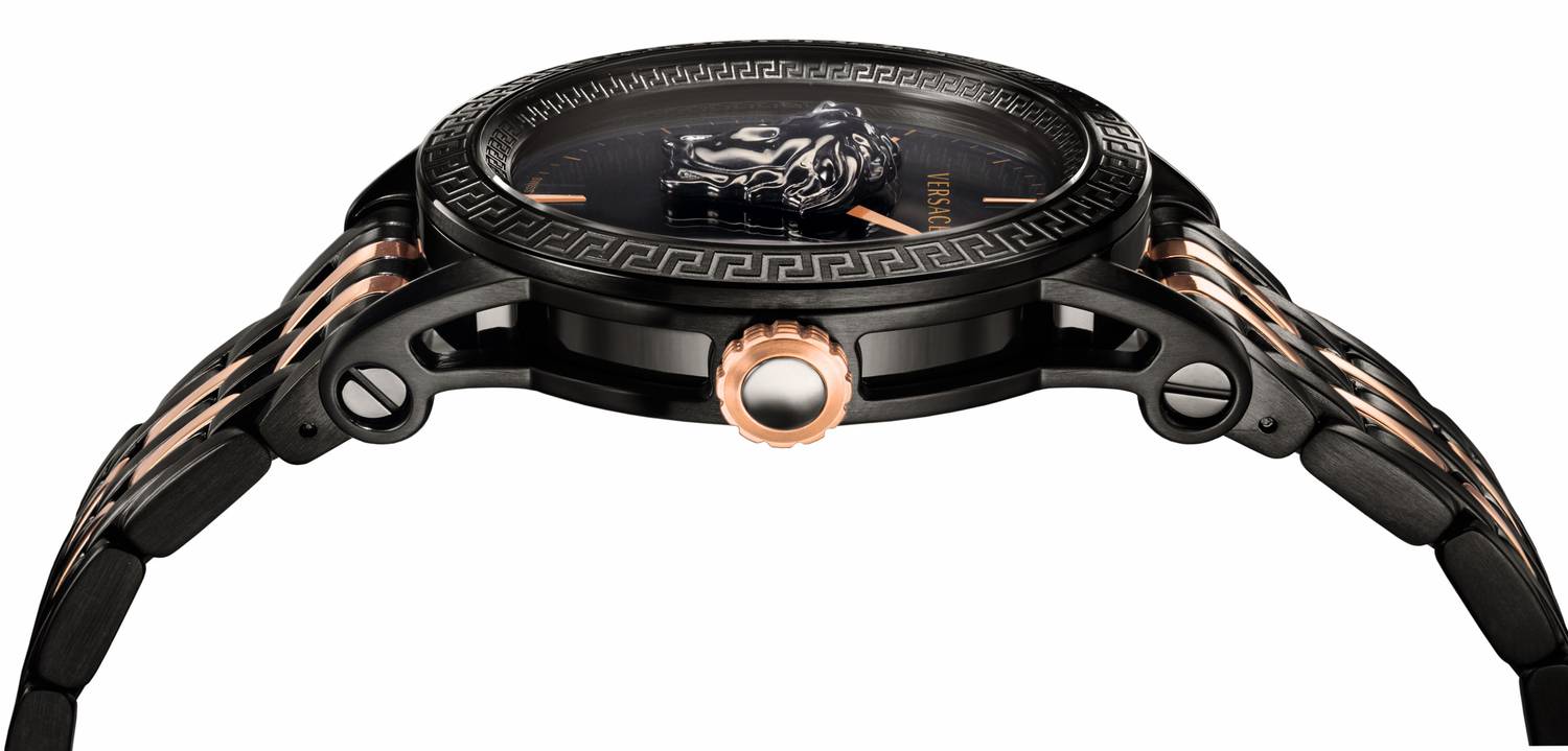 Side view of Versace Palazzo Empire watch showing black case and rose gold crown with two-tone bracelet