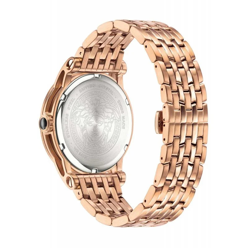 Rose gold case back with engraved Medusa head design and rose gold three-link bracelet
