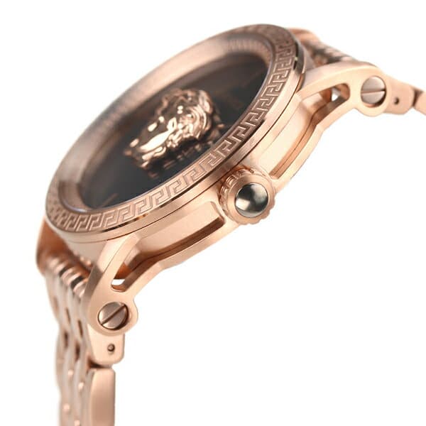Side profile of Versace Palazzo Empire rose gold watch with black dial and crown