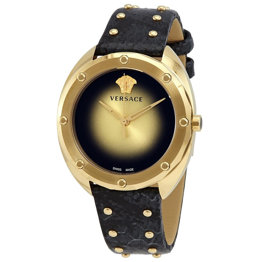 Versace Shadov quartz ladies watch with champagne dial and black leather strap with studs