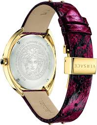 Caseback view of Versace Shadov watch displaying Medusa medallion and gold-tone case back