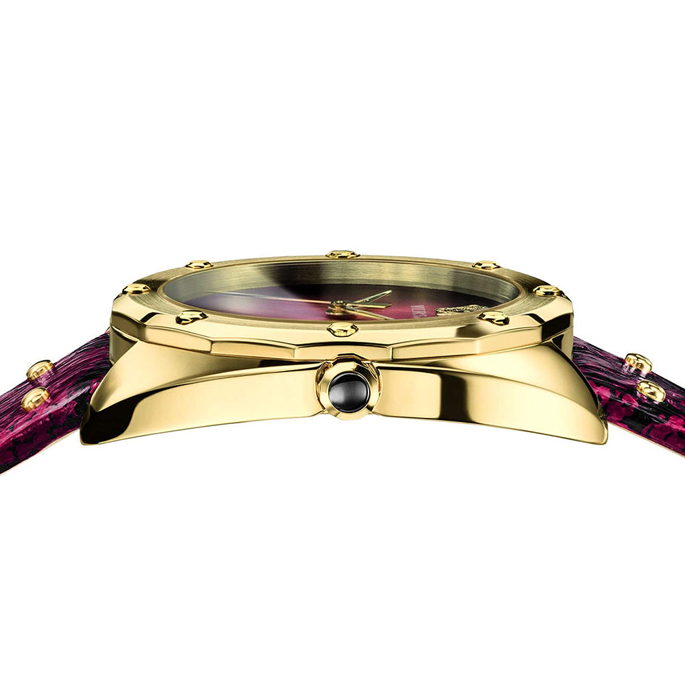 Side profile of Versace Shadov watch showing gold case, bow-tie lugs, and red studded leather strap
