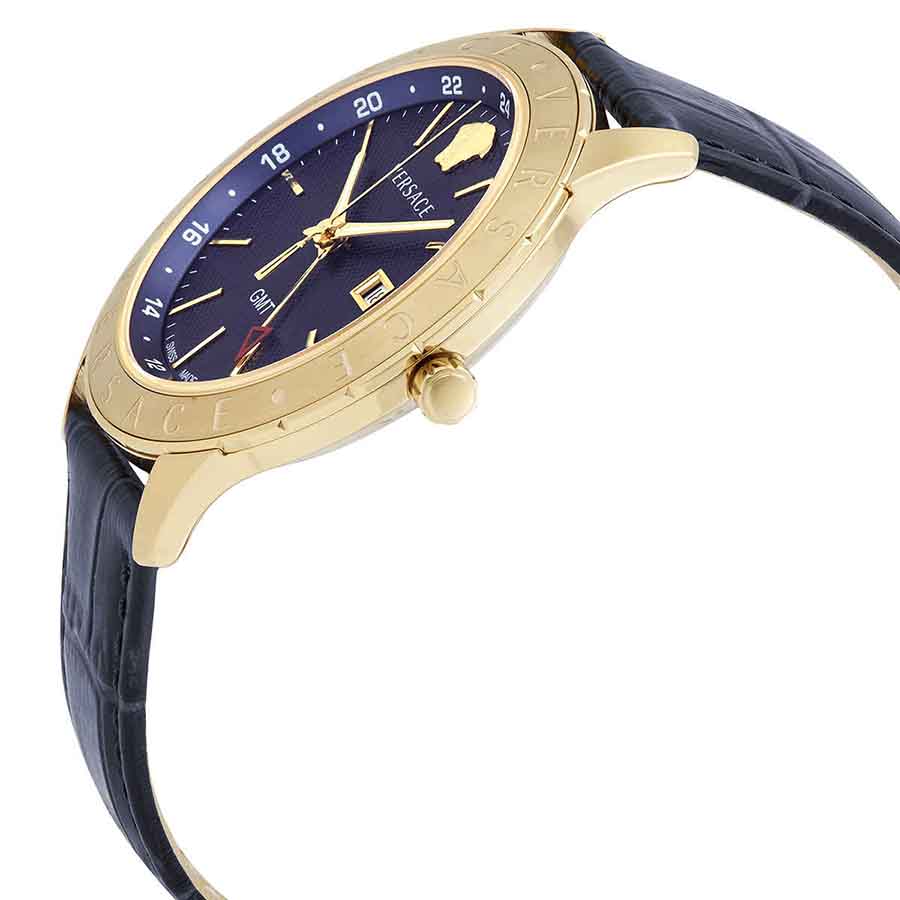 Versace Univers GMT watch side view showing gold case profile and blue leather strap