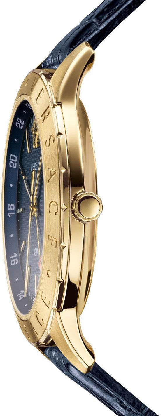 Versace Univers GMT watch side profile with crown and blue leather strap visible