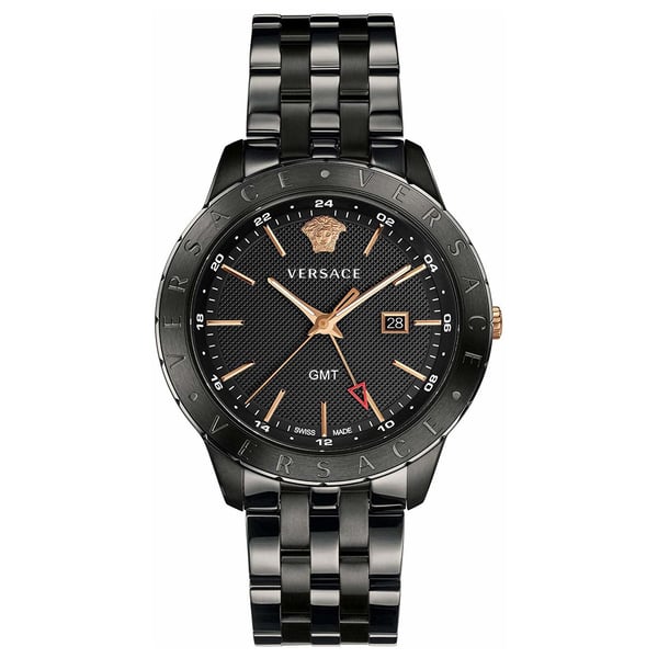 Versace Univers GMT quartz watch with black dial, rose gold hands, and two-tone stainless steel bracelet