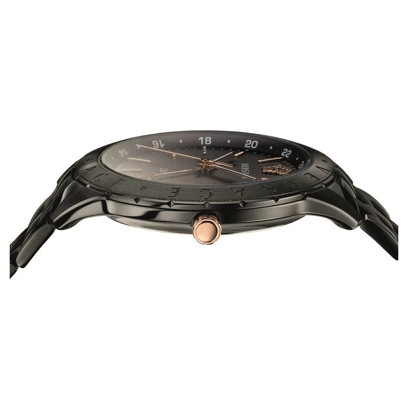 Side view of Versace Univers GMT showing case profile with rose gold crown and black leather strap
