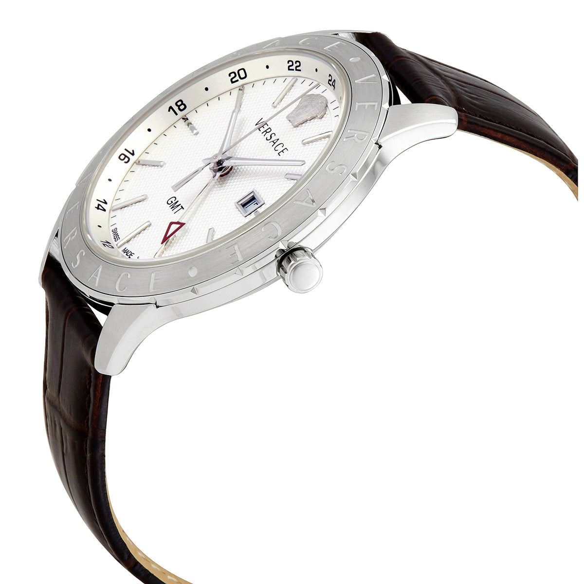 Angled view of Versace Univers watch with white dial and brown strap on white background