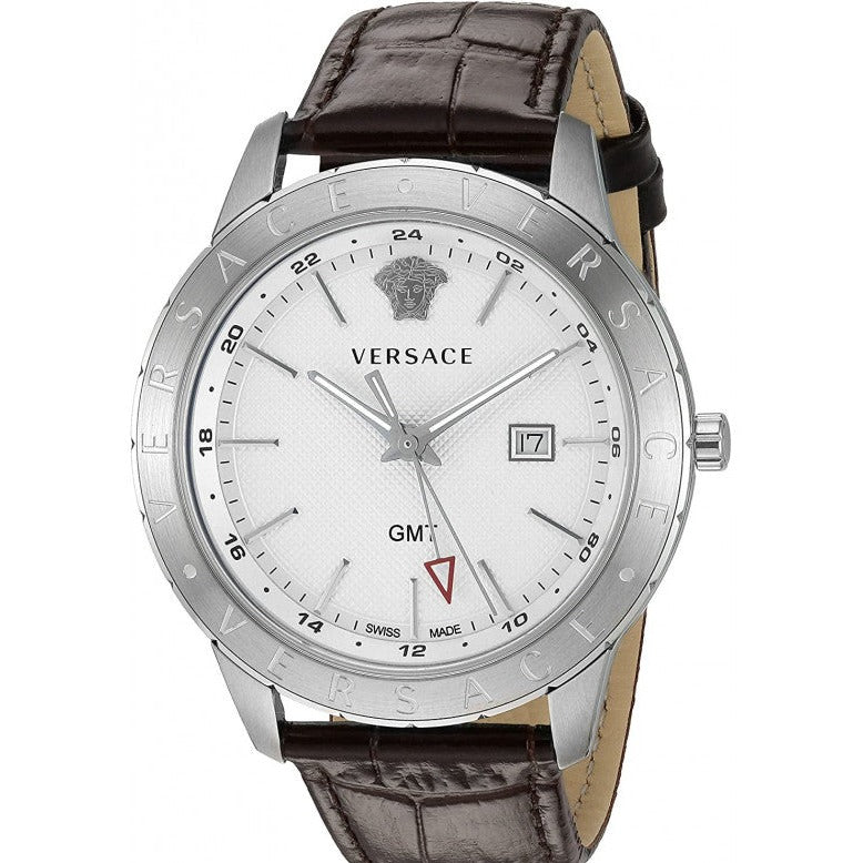 Versace Univers VEBK00118 white dial GMT watch with brown crocodile strap
