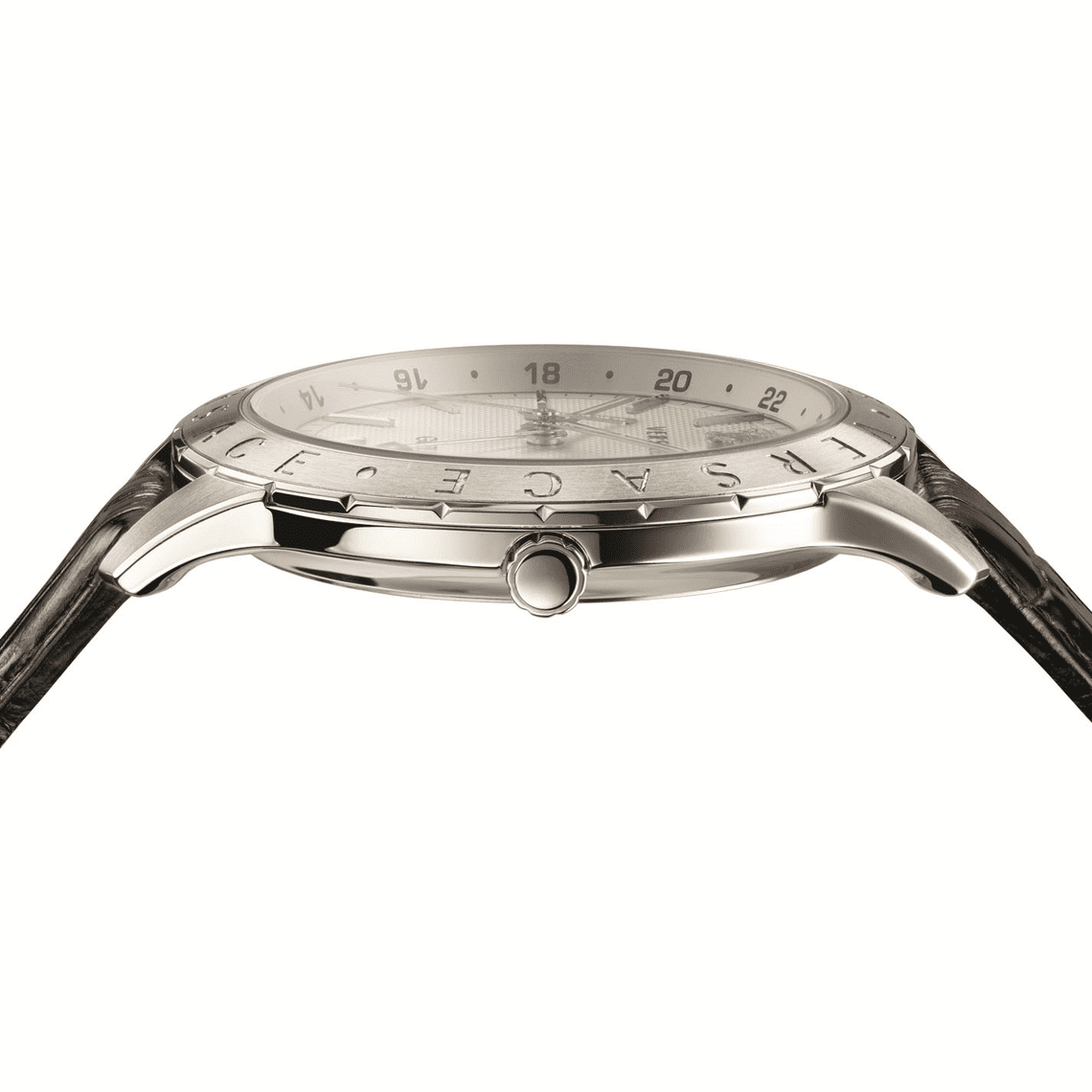 Side view of Versace Univers stainless steel case with crown detail and brown leather strap