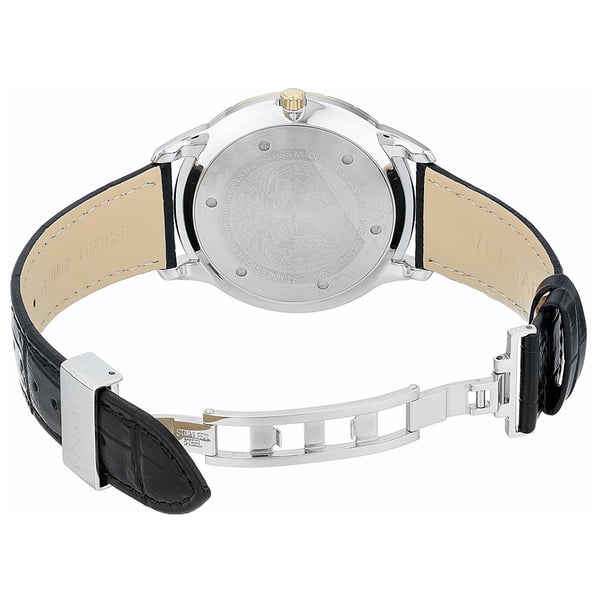 Caseback view of Versace Univers watch with stainless steel case and black leather strap