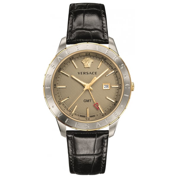 Versace Univers men's watch with champagne dial, two-tone case, and black crocodile leather strap