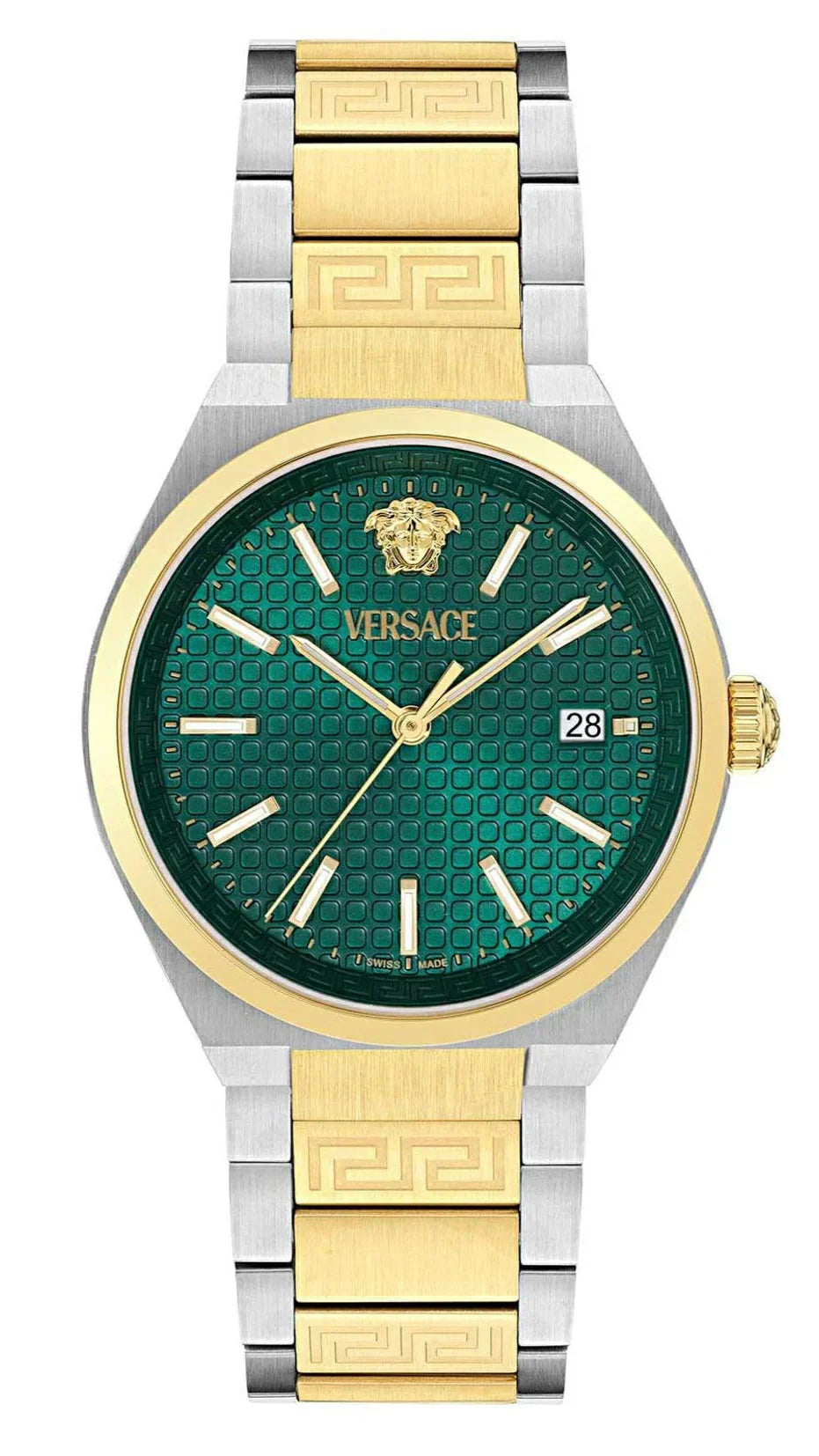Versace V-Auria watch front view with green dial and two-tone gold and steel strap