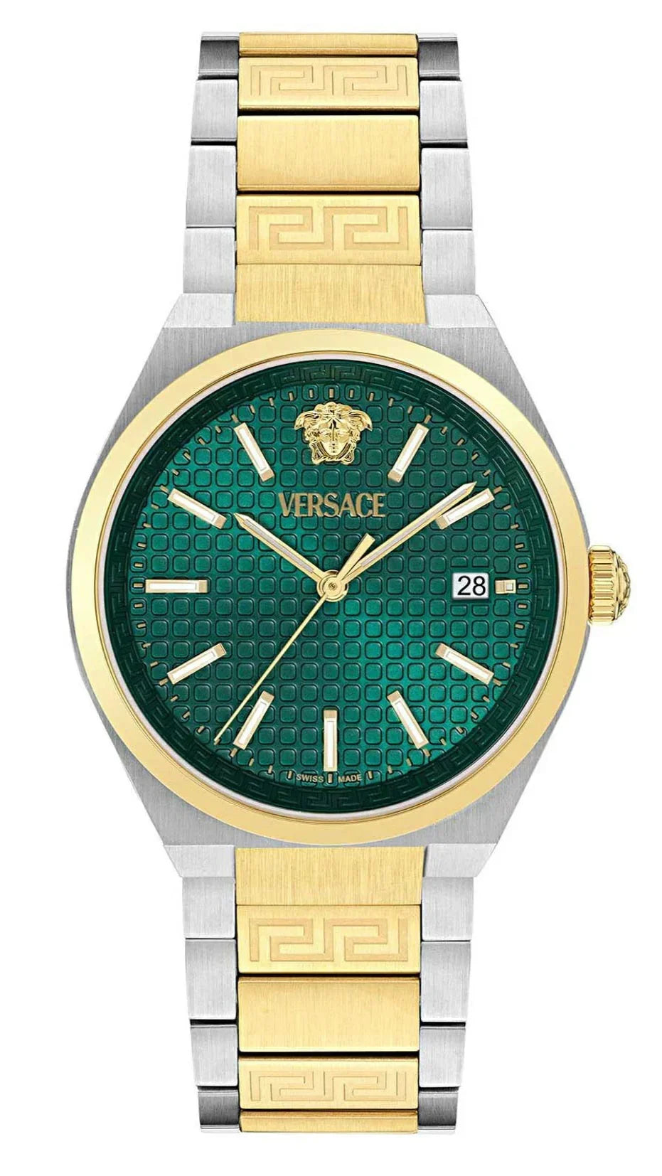 Versace V-Auria watch front view with green dial and two-tone gold and steel strap