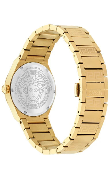 Caseback of Versace V-Auria watch showing engraved Medusa head motif