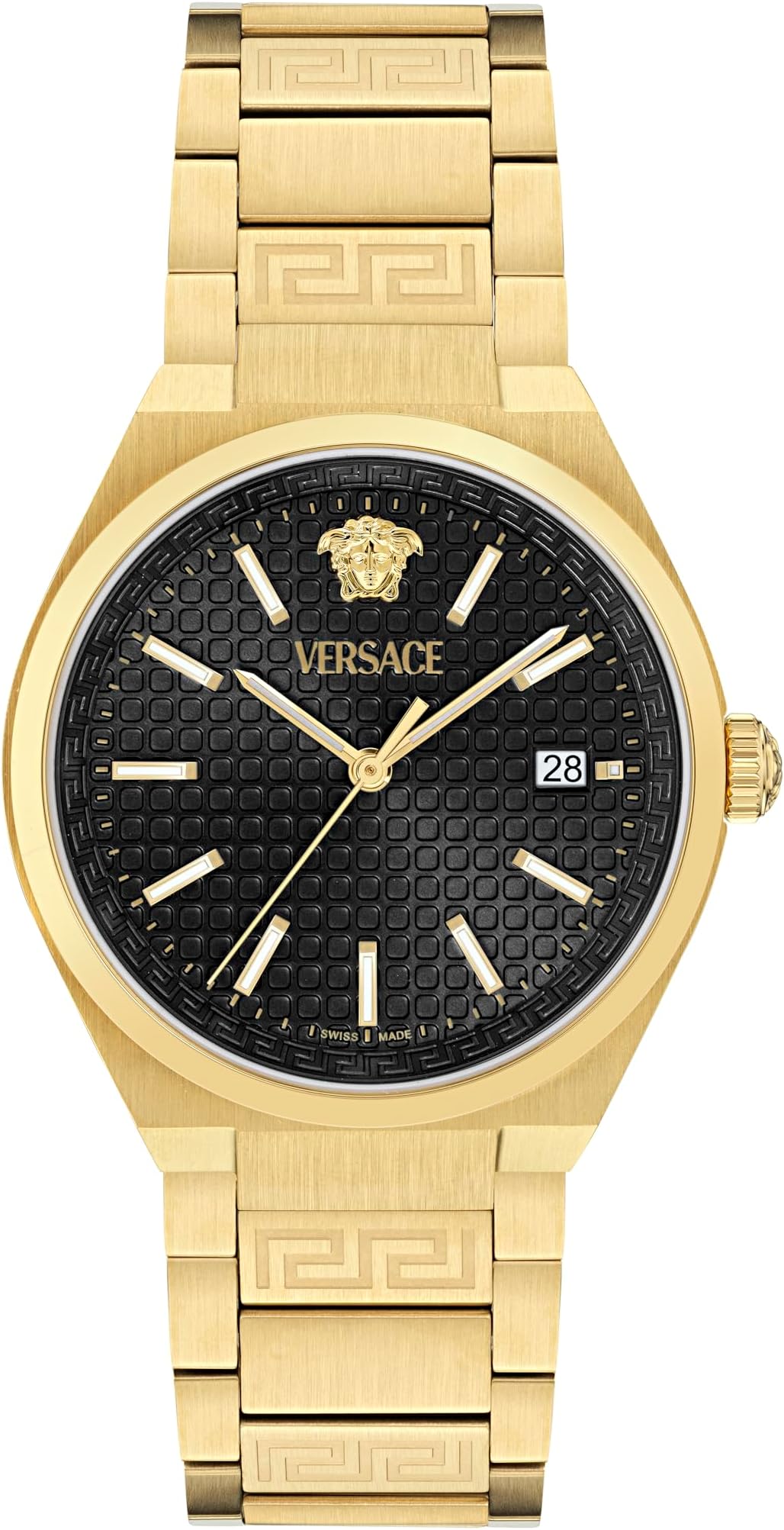 Versace V-Auria quartz watch with black dial, gold-tone case and matching bracelet