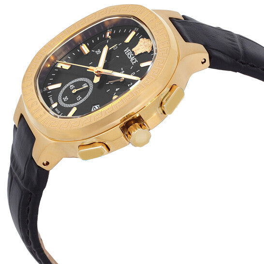 Versace V-Chrono Square watch side view showing gold case and black leather strap