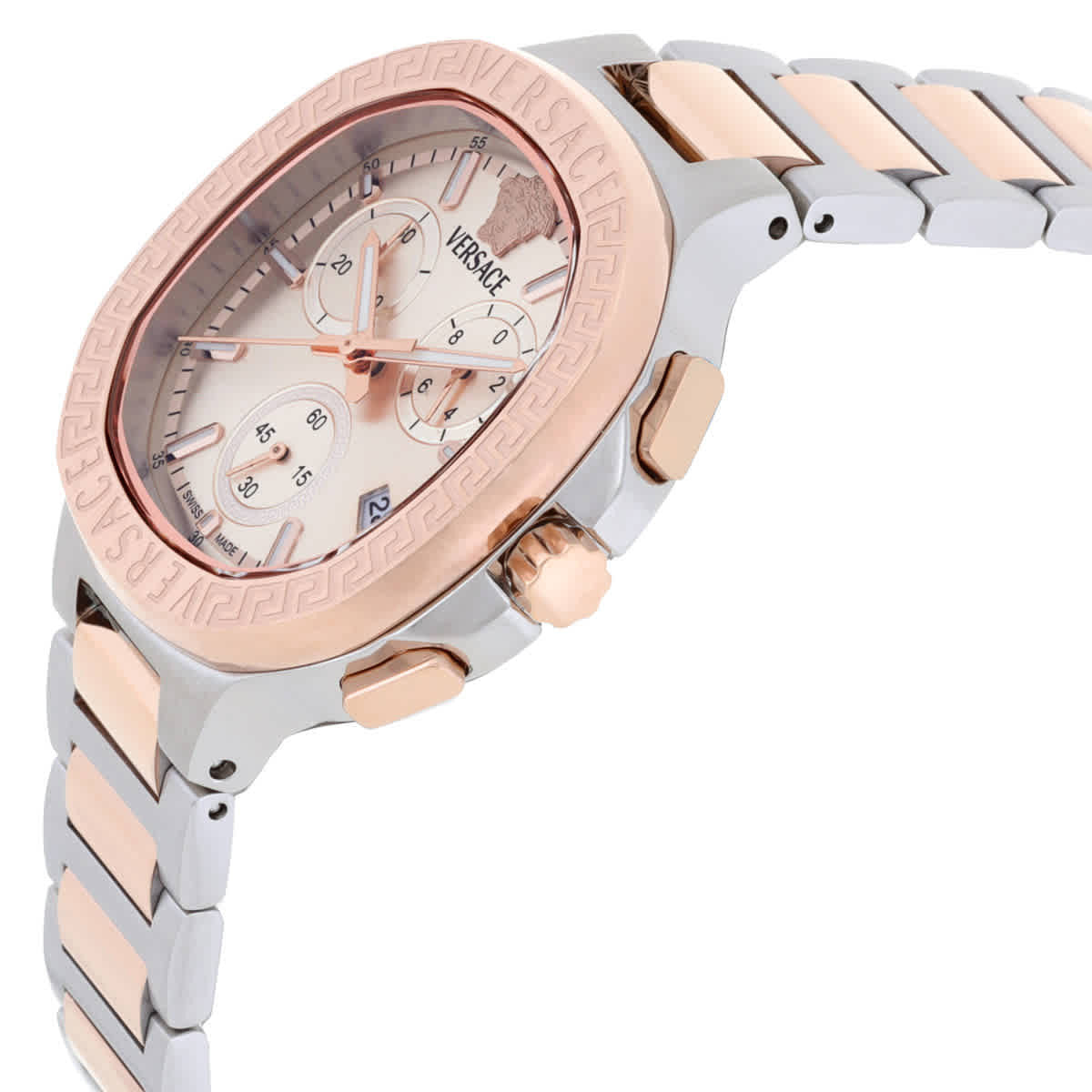 Side angle view of Versace V-Chrono Square watch showing rose gold case and two-tone bracelet