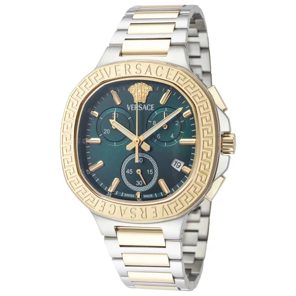 Versace V-Chrono Square chronograph with green dial and Medusa engraved bezel