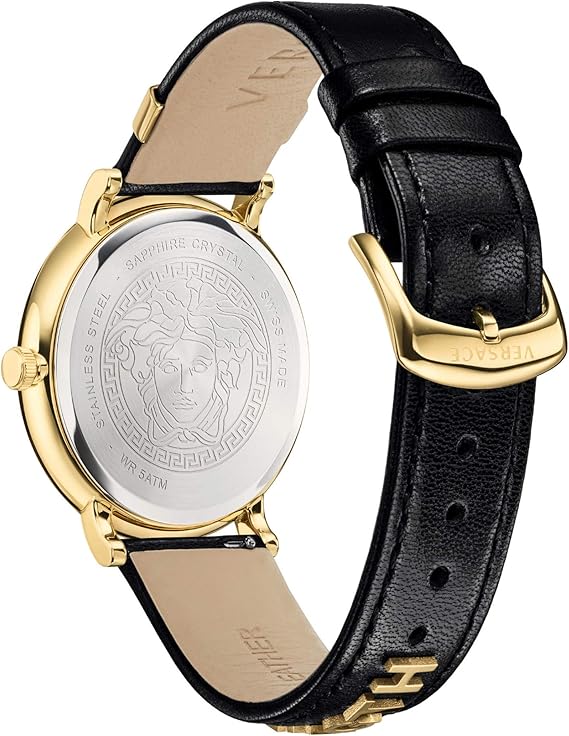 Caseback of Versace V-Circle showing embossed Medusa head design and leather strap